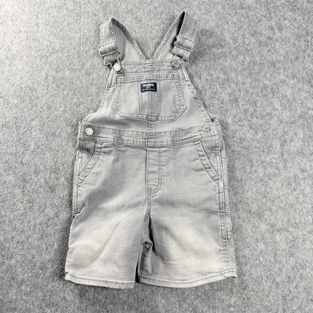 OshKosh Bgosh Boys Overalls 4T Gray Denim Shortalls‎ Adjustable Cotton Blend